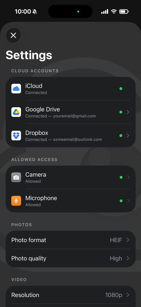 Direct Shot settings screen